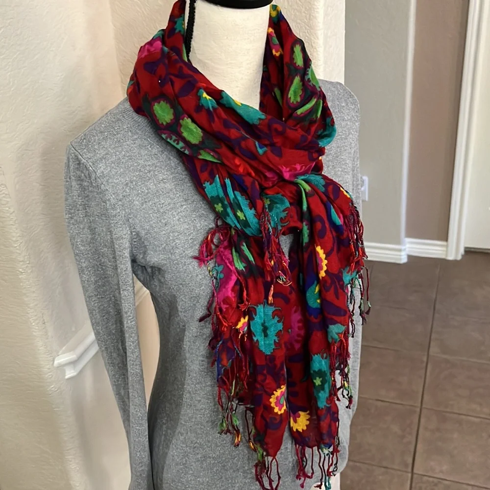 Red floral with fringe scarf